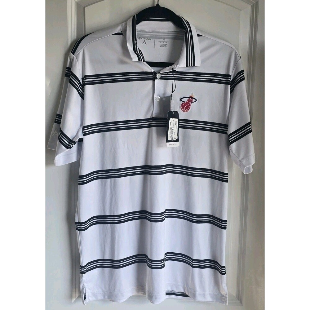 Antigua Miami Heat Embroidered Logo Mens Medium White Black Striped Polo Sz M